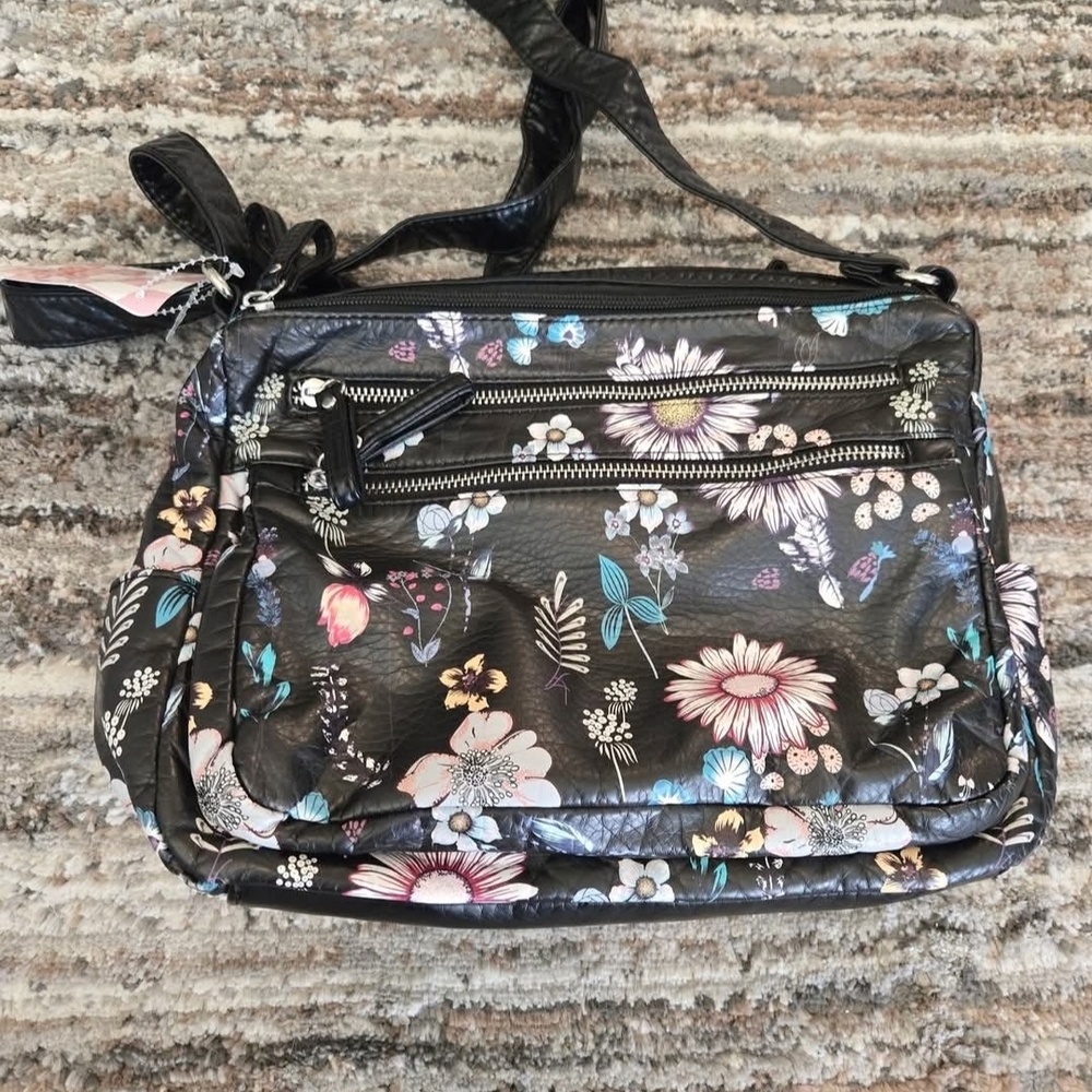 Black Floral Crossbody Bag with Adjustable Strap